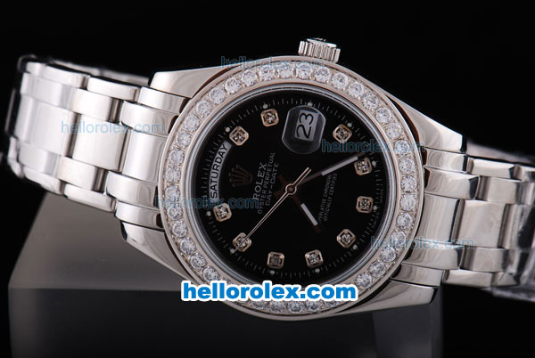 Rolex Day-Date Automatic With Diamond Marking and Diamond Bezel-Black Dial - Click Image to Close